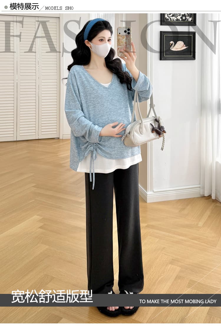 실사 2026j 이른 가을 새로운 출산 착용 빅 사이즈 패치워크 페이크 레이어드 모직물 커튼 구름 실 패션 맨위 티셔츠 상세 이미지 13