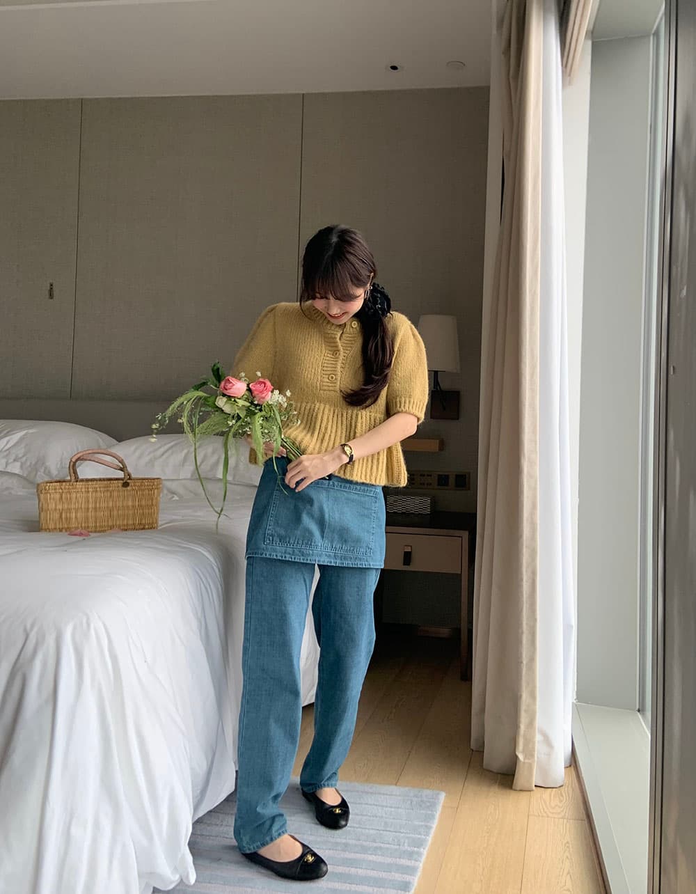 실사 작은 대중 한 부서 레트로 소녀 라운드 넥 세 버클 니트 스택 착용 거품 소매 반팔 스웨터 상세 이미지 48