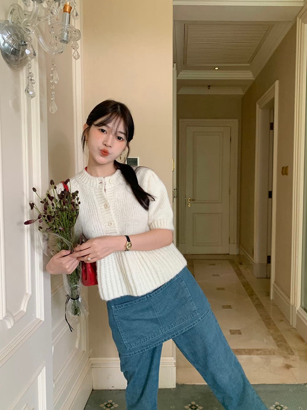실사 작은 대중 한 부서 레트로 소녀 라운드 넥 세 버클 니트 스택 착용 거품 소매 반팔 스웨터 상세 이미지 103