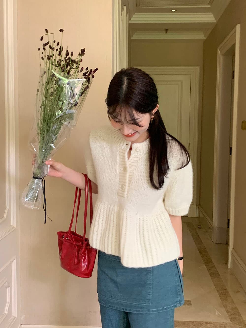 실사 작은 대중 한 부서 레트로 소녀 라운드 넥 세 버클 니트 스택 착용 거품 소매 반팔 스웨터 상세 이미지 104