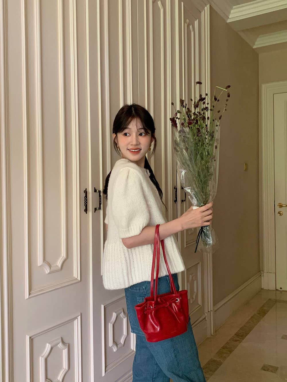 실사 작은 대중 한 부서 레트로 소녀 라운드 넥 세 버클 니트 스택 착용 거품 소매 반팔 스웨터 상세 이미지 108