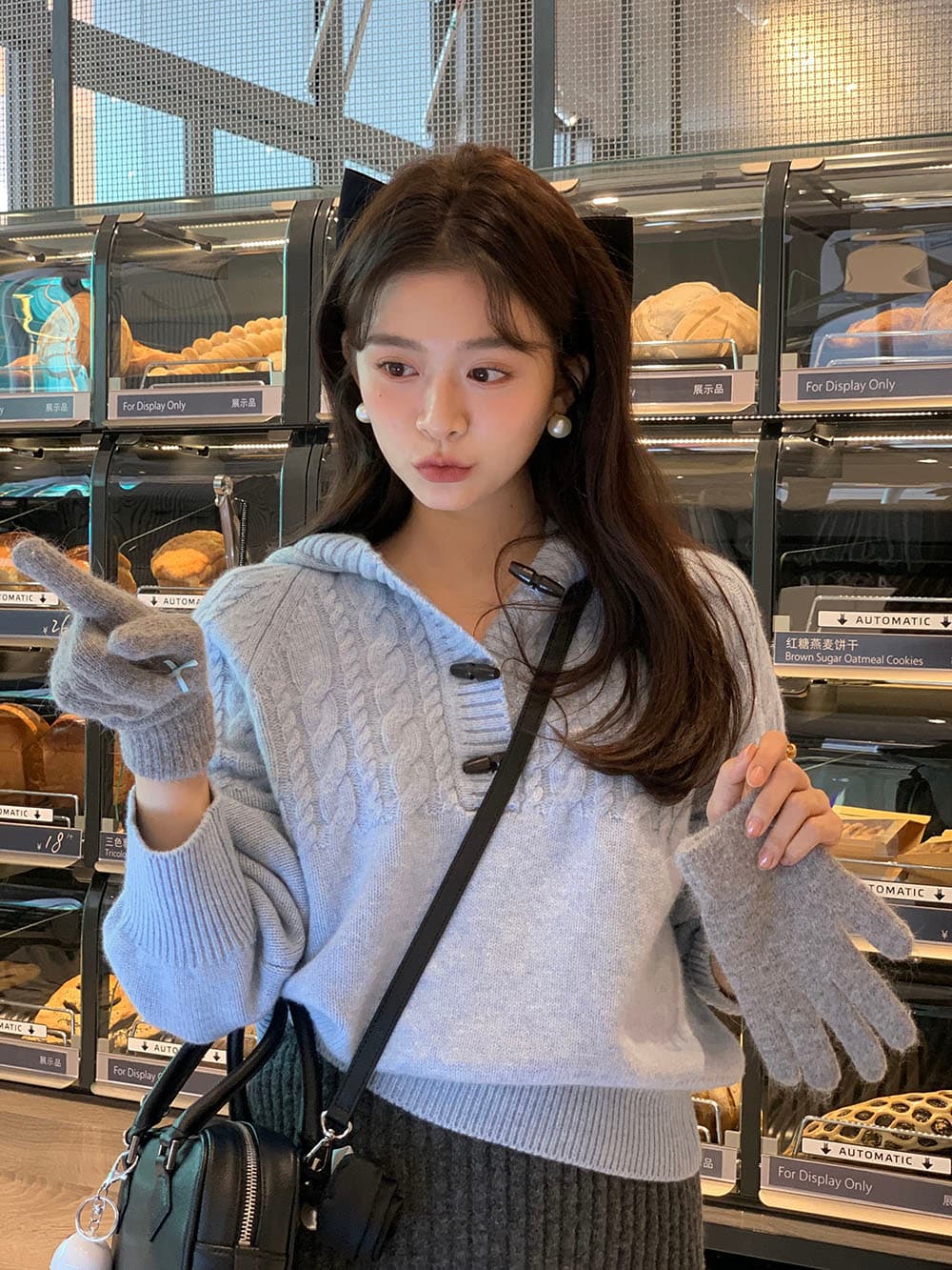 실사 느긋한 ins 바람 세 소뿔 버클 후드 양모 꽈배기 니트 스웨터 상세 이미지 31