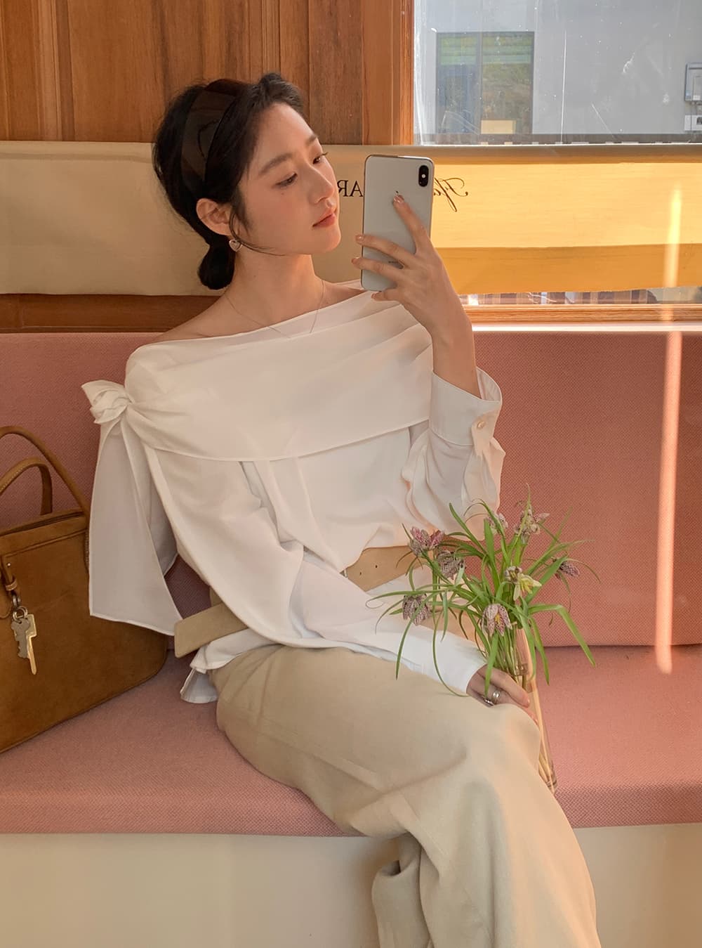 실사 레트로 프랑스식 낭만주의 작은 대중 디자인 센스 보트넥 나비 매듭 품격 긴팔 셔츠 상세 이미지 5