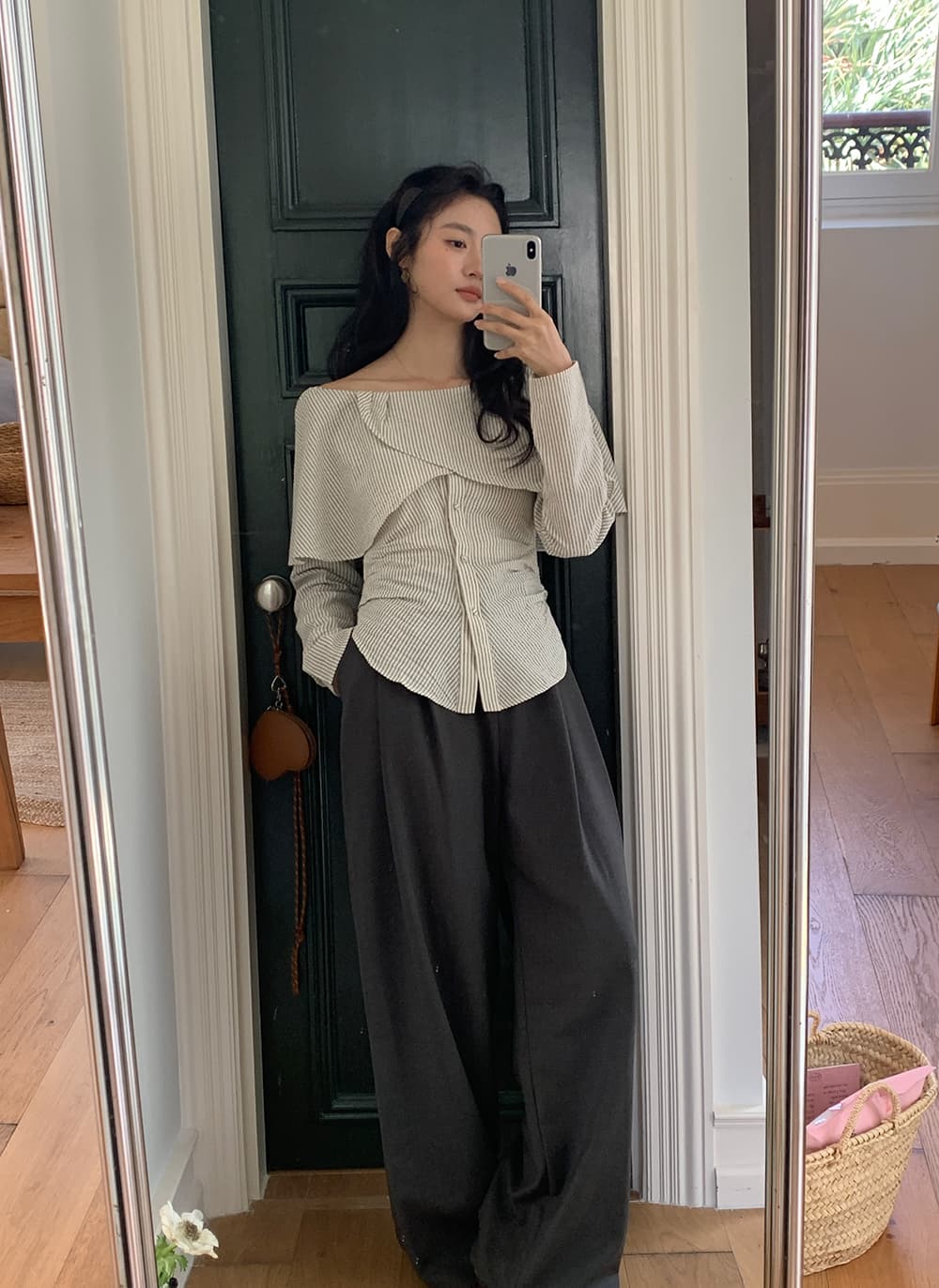 실사 레트로 프랑스식 연꽃 잎 오프숄더 스트라이프 허리 수축 품격 오픈 가디건 긴팔 셔츠 상세 이미지 13