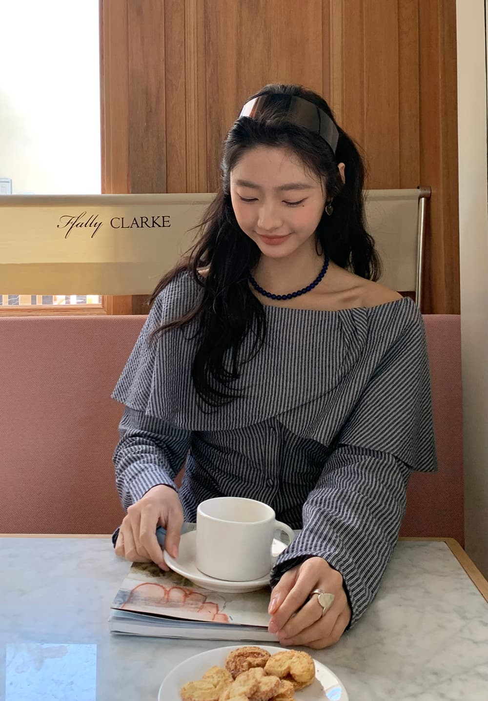 실사 레트로 프랑스식 연꽃 잎 오프숄더 스트라이프 허리 수축 품격 오픈 가디건 긴팔 셔츠 상세 이미지 35