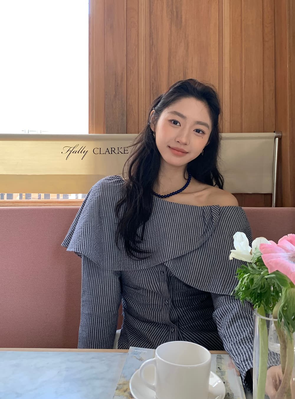 실사 레트로 프랑스식 연꽃 잎 오프숄더 스트라이프 허리 수축 품격 오픈 가디건 긴팔 셔츠 상세 이미지 41