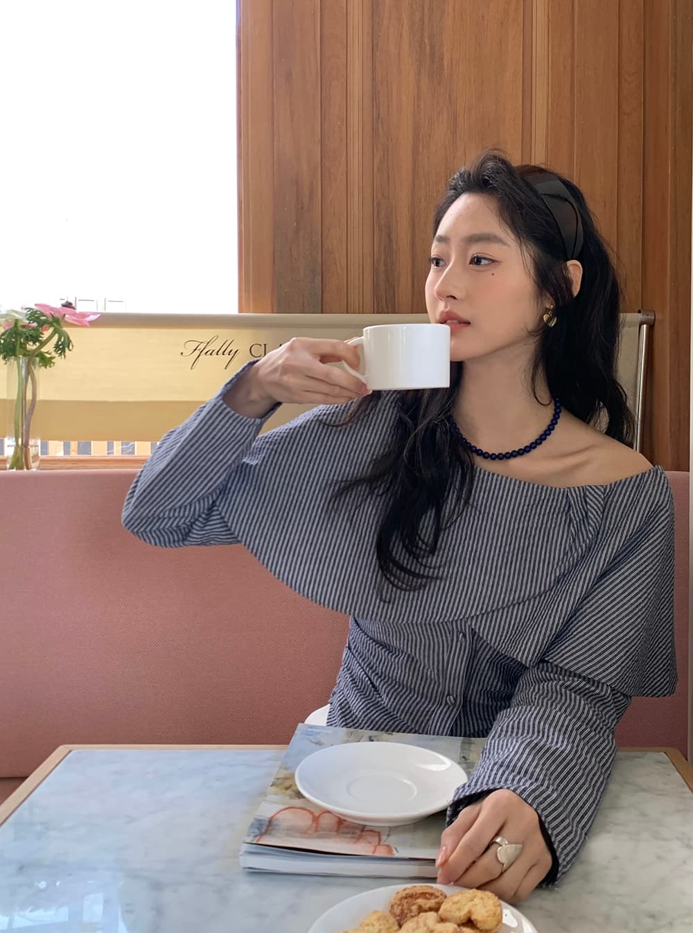 실사 레트로 프랑스식 연꽃 잎 오프숄더 스트라이프 허리 수축 품격 오픈 가디건 긴팔 셔츠 상세 이미지 42