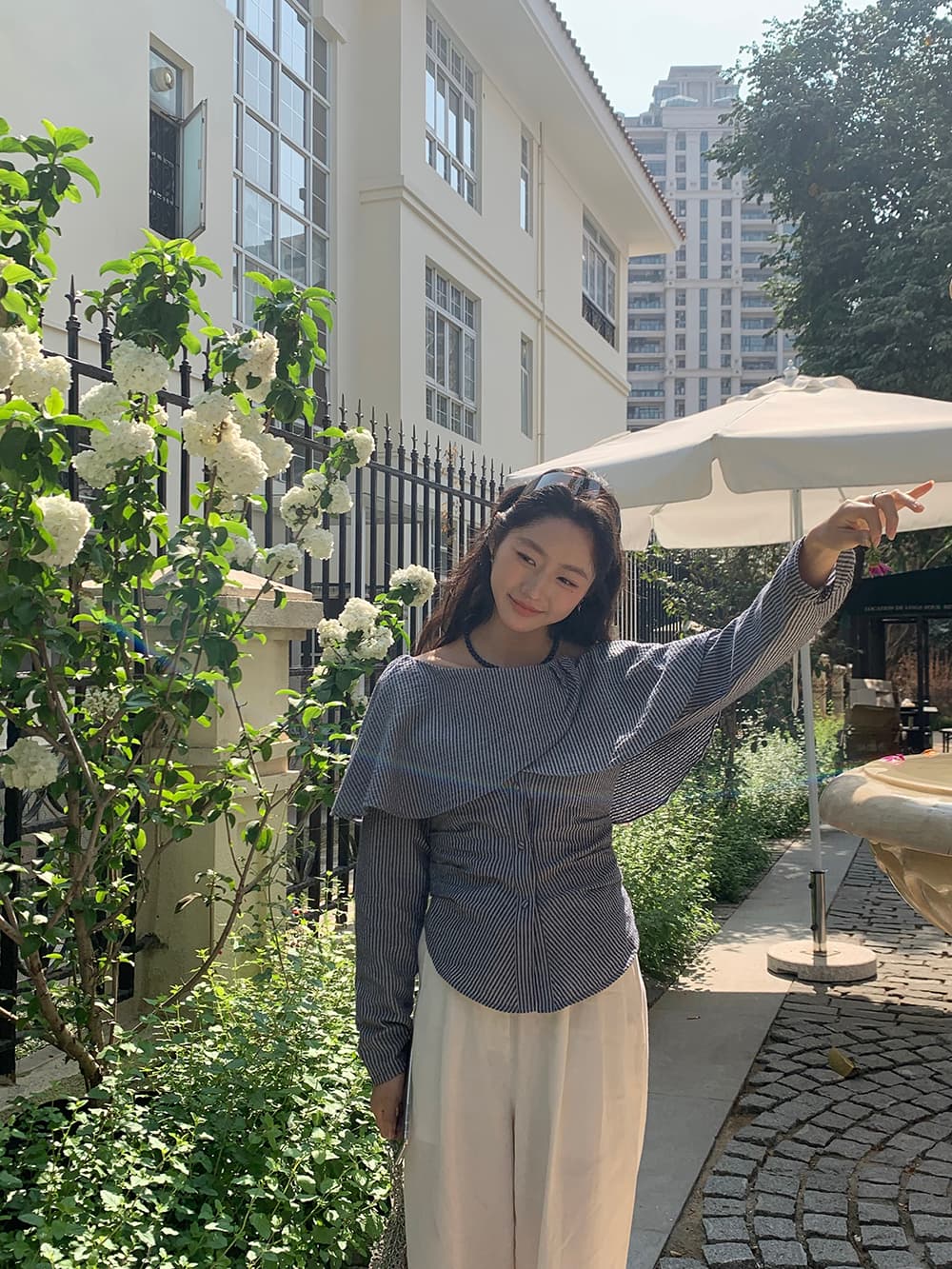 실사 레트로 프랑스식 연꽃 잎 오프숄더 스트라이프 허리 수축 품격 오픈 가디건 긴팔 셔츠 상세 이미지 59