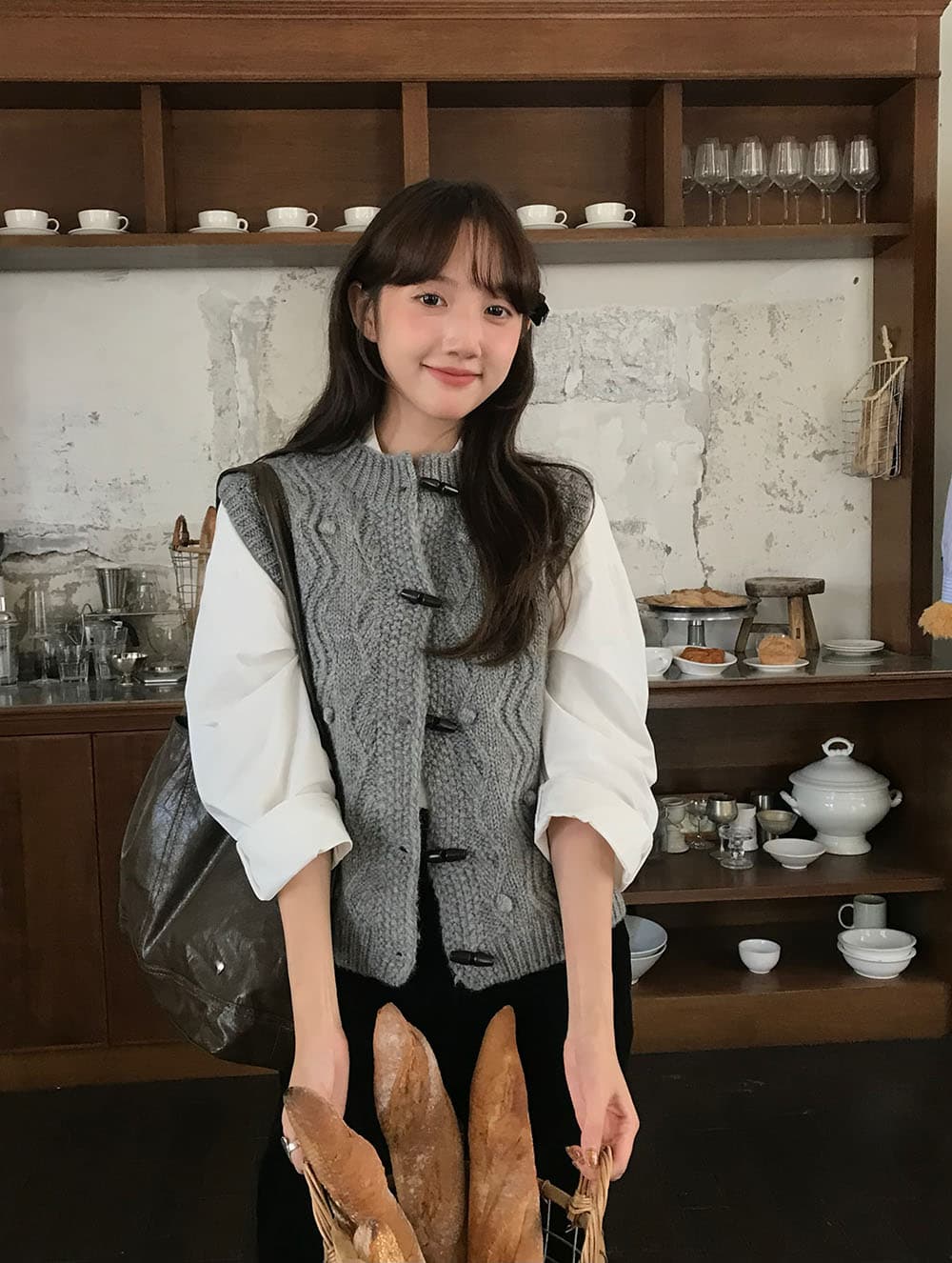 실사 레트로 두꺼운 니트 양모 수공 3 차원 공 공 꽈배기 소뿔 버클 보온 베스트 상세 이미지 44