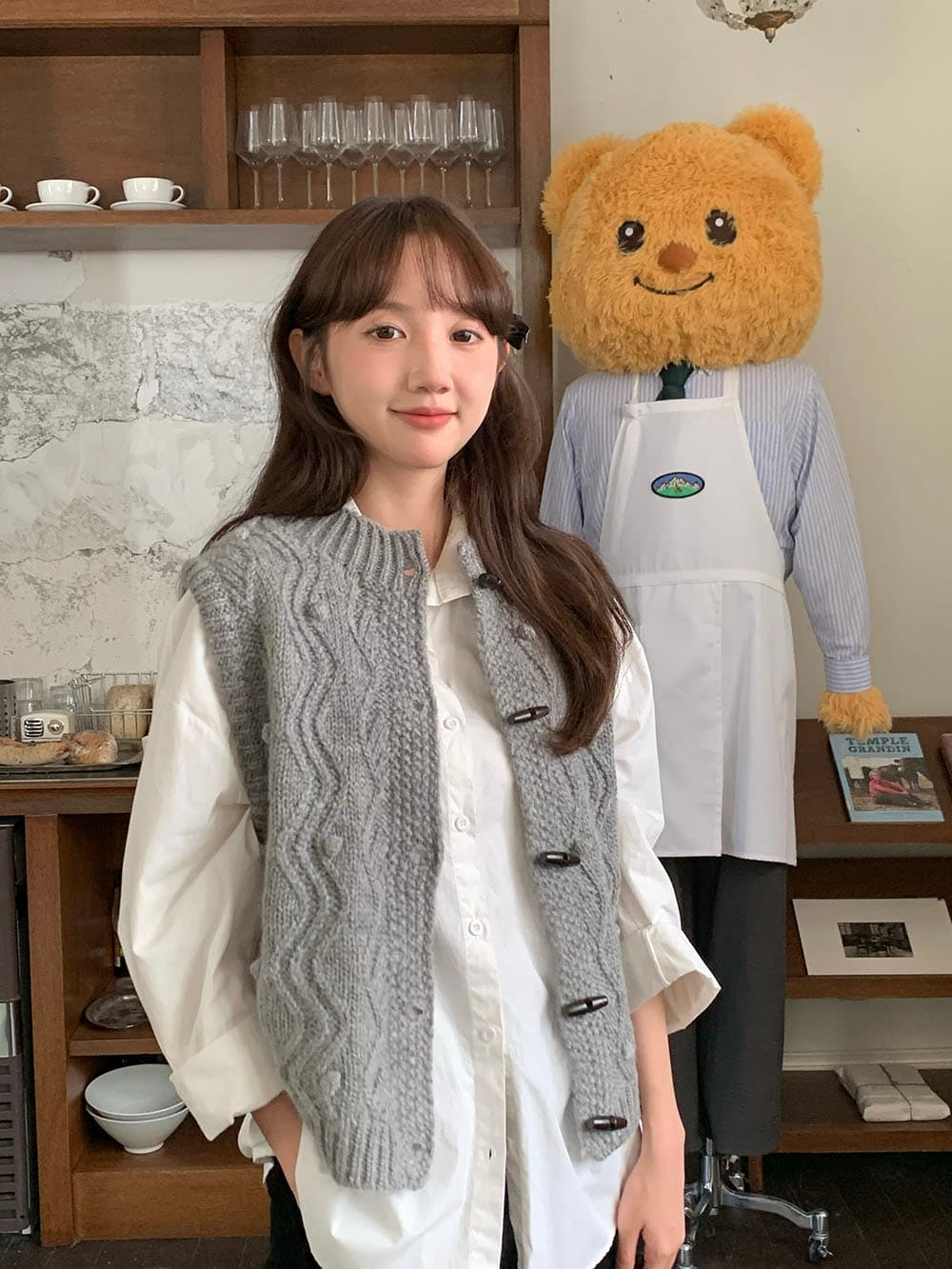 실사 레트로 두꺼운 니트 양모 수공 3 차원 공 공 꽈배기 소뿔 버클 보온 베스트 상세 이미지 60