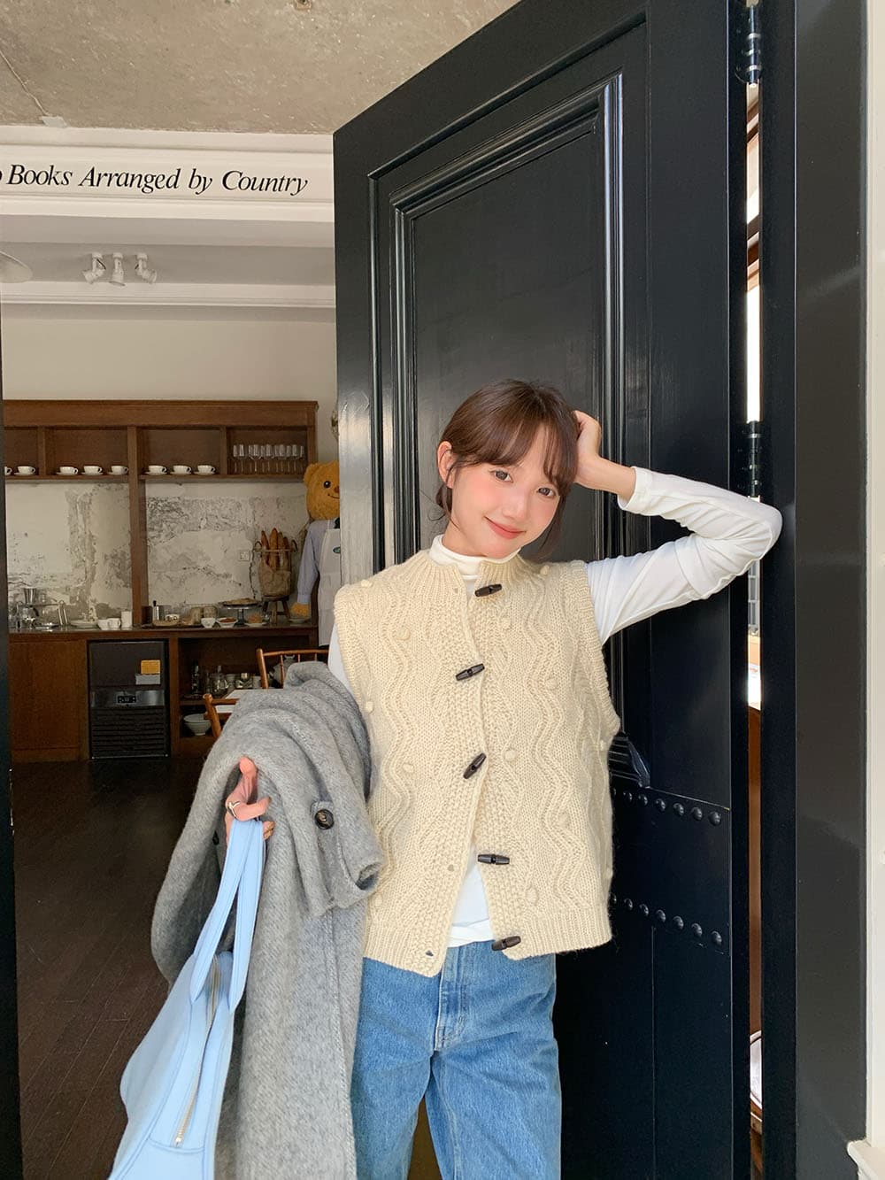 실사 레트로 두꺼운 니트 양모 수공 3 차원 공 공 꽈배기 소뿔 버클 보온 베스트 상세 이미지 150