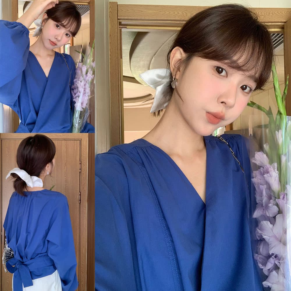 실사 레트로 법률 시스템 V넥 동점 허리 디자인 센스 디스플레이 화이트 랜턴 긴팔 셔츠 이미지 2