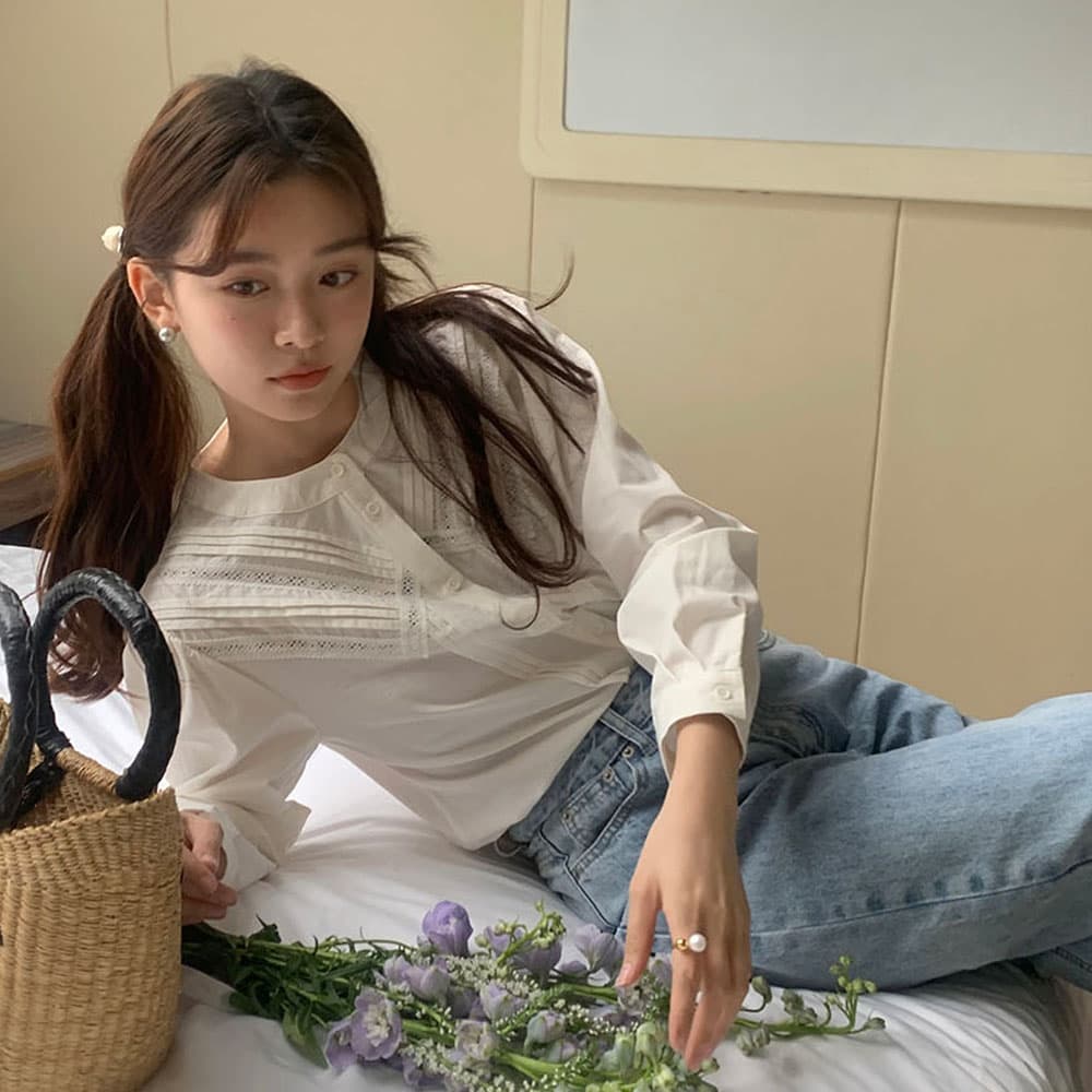 실사 프랑스식 작은 대중 Pleat 측면 레이스 레이스 패치워크 다용도 오픈 가디건 긴팔 셔츠