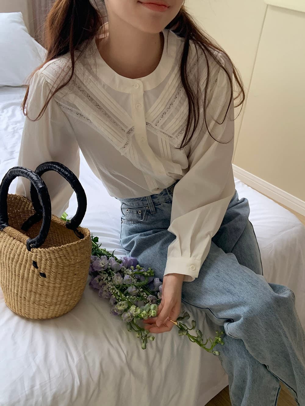 실사 프랑스식 작은 대중 Pleat 측면 레이스 레이스 패치워크 다용도 오픈 가디건 긴팔 셔츠 상세 이미지 6