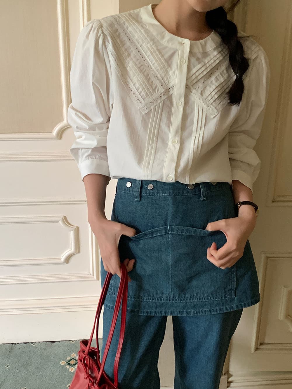 실사 프랑스식 작은 대중 Pleat 측면 레이스 레이스 패치워크 다용도 오픈 가디건 긴팔 셔츠 상세 이미지 15