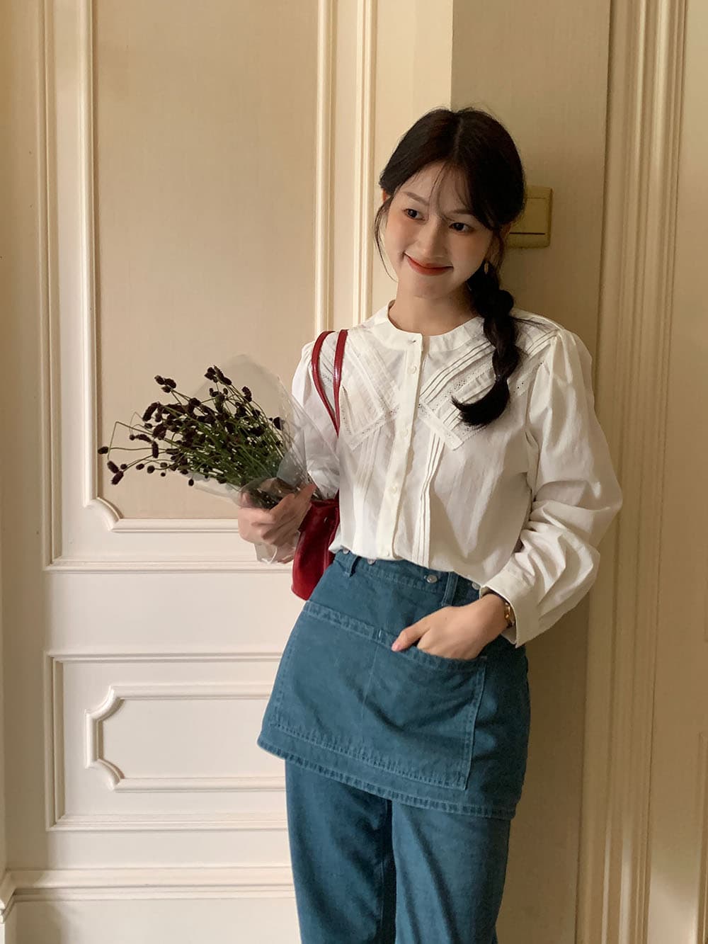 실사 프랑스식 작은 대중 Pleat 측면 레이스 레이스 패치워크 다용도 오픈 가디건 긴팔 셔츠 상세 이미지 19