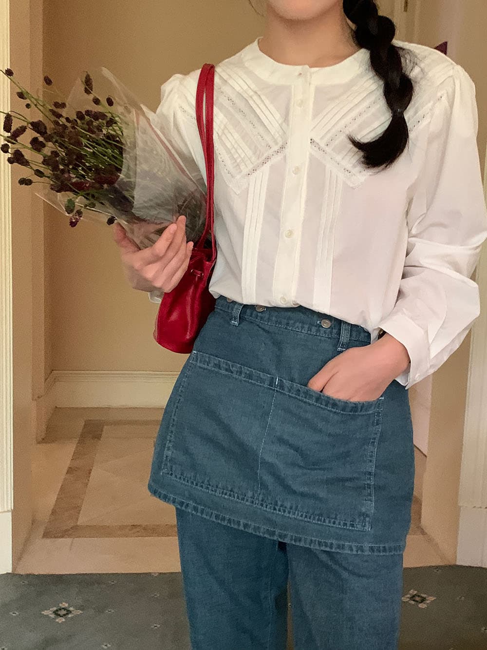 실사 프랑스식 작은 대중 Pleat 측면 레이스 레이스 패치워크 다용도 오픈 가디건 긴팔 셔츠 상세 이미지 22
