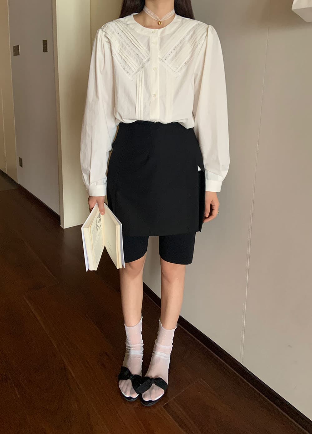 실사 프랑스식 작은 대중 Pleat 측면 레이스 레이스 패치워크 다용도 오픈 가디건 긴팔 셔츠 상세 이미지 33