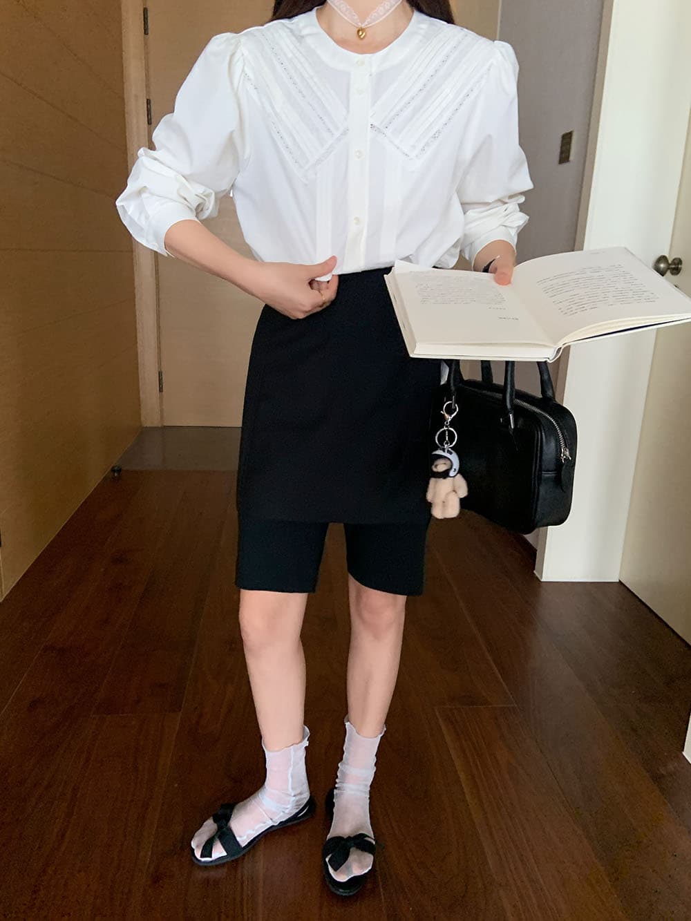 실사 프랑스식 작은 대중 Pleat 측면 레이스 레이스 패치워크 다용도 오픈 가디건 긴팔 셔츠 상세 이미지 37