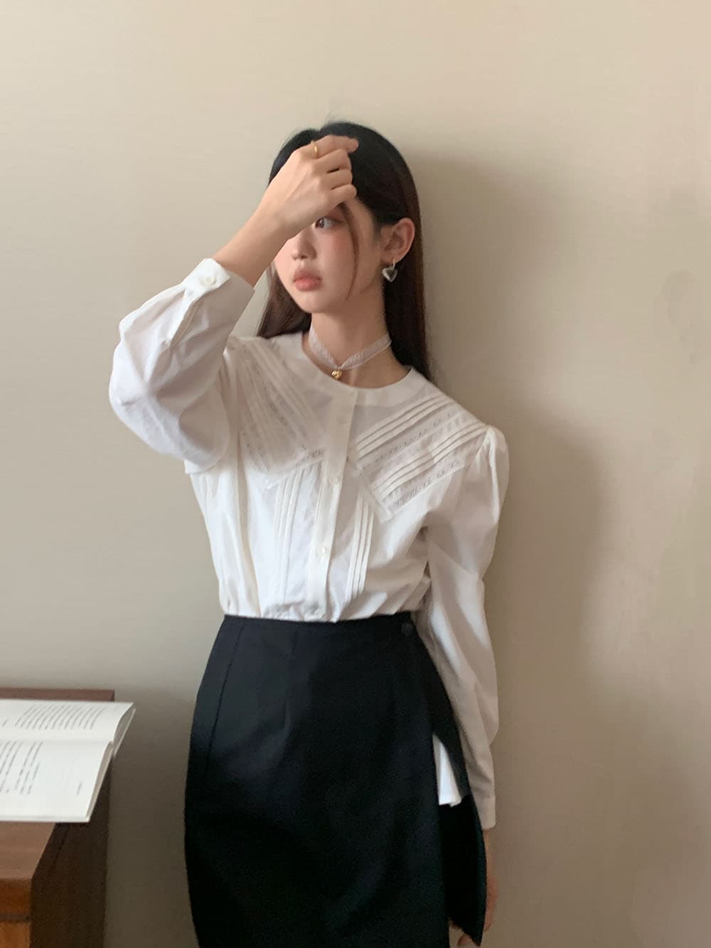 실사 프랑스식 작은 대중 Pleat 측면 레이스 레이스 패치워크 다용도 오픈 가디건 긴팔 셔츠 상세 이미지 39
