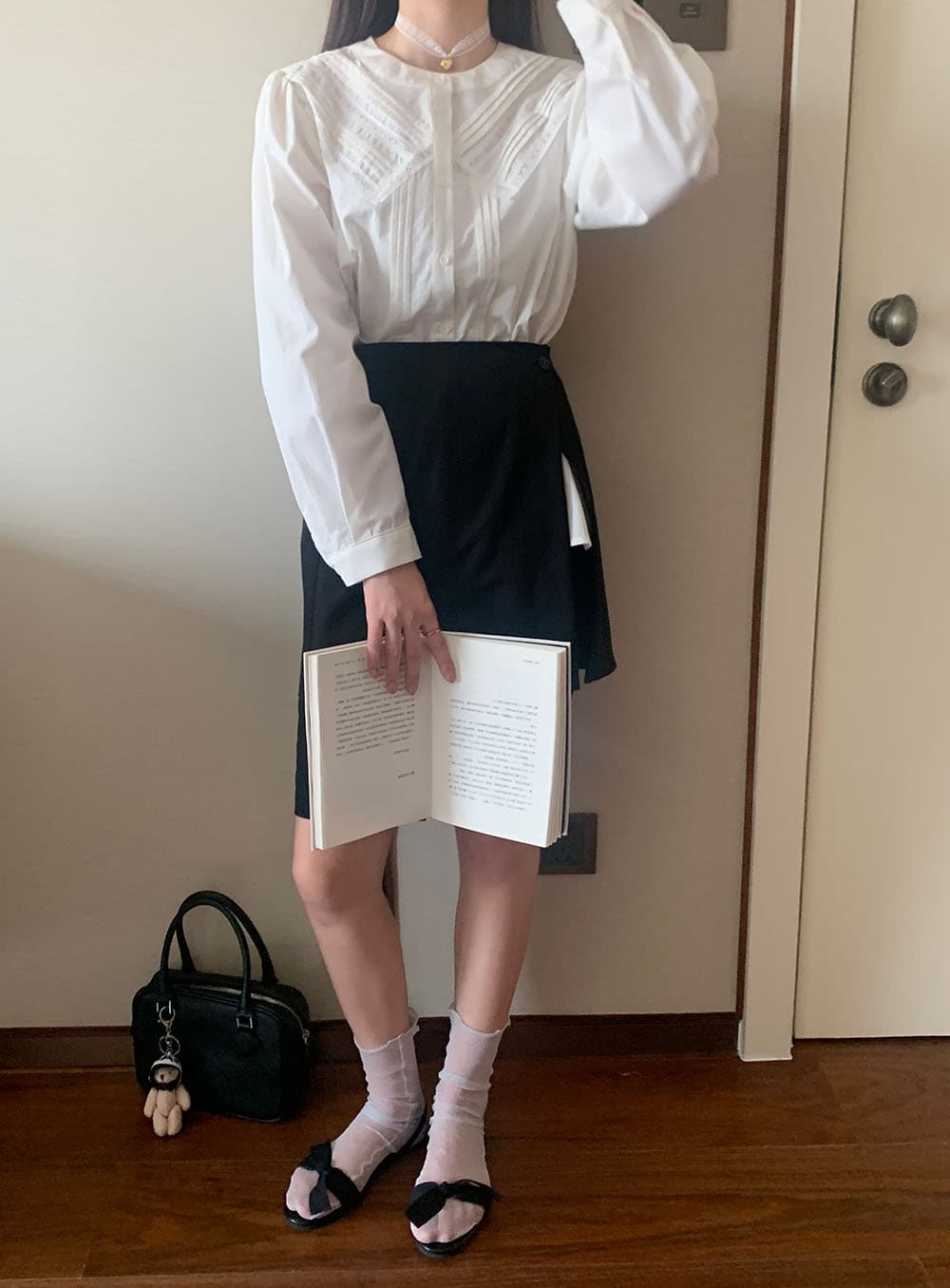 실사 프랑스식 작은 대중 Pleat 측면 레이스 레이스 패치워크 다용도 오픈 가디건 긴팔 셔츠 상세 이미지 42