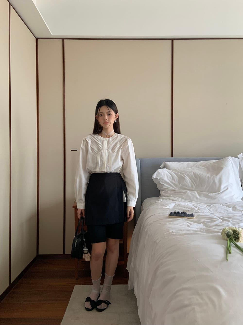 실사 프랑스식 작은 대중 Pleat 측면 레이스 레이스 패치워크 다용도 오픈 가디건 긴팔 셔츠 상세 이미지 44