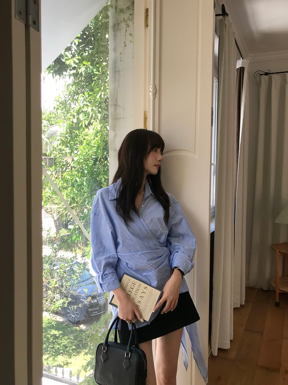 실사 정가 한 부서 ins 바람 측면 스트랩 작은 대중 디자인 가을 어깨 긴팔 셔츠 상세 이미지 8