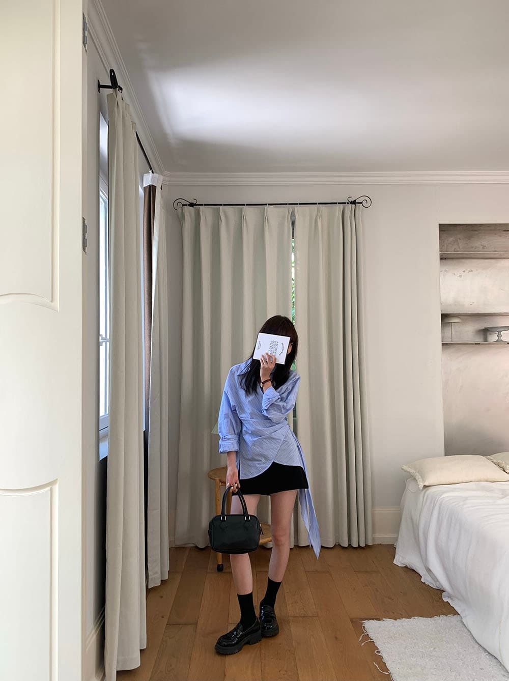 실사 정가 한 부서 ins 바람 측면 스트랩 작은 대중 디자인 가을 어깨 긴팔 셔츠 상세 이미지 10