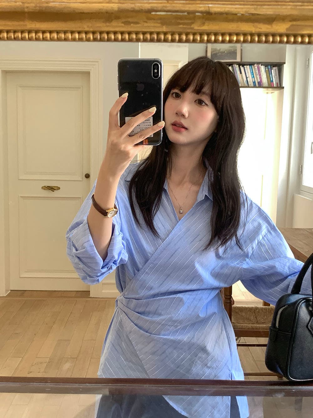 실사 정가 한 부서 ins 바람 측면 스트랩 작은 대중 디자인 가을 어깨 긴팔 셔츠 상세 이미지 15