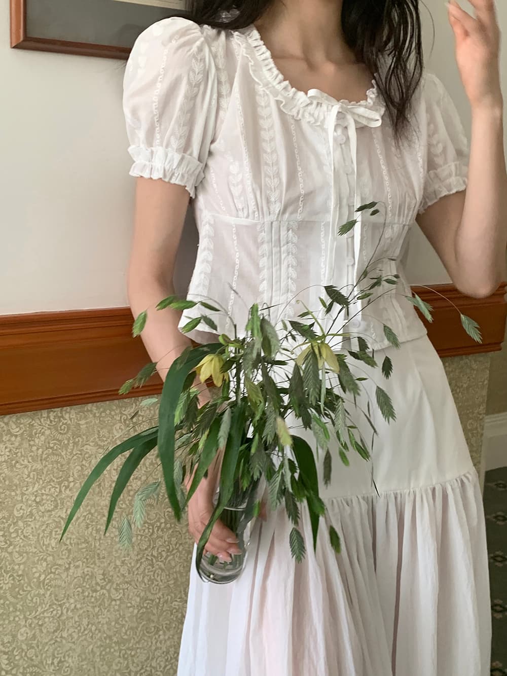 실사 한 부서 달콤함 신선함 레이스 자카드 면 소재 명중 기사 공예 버블 반팔 셔츠 상세 이미지 3