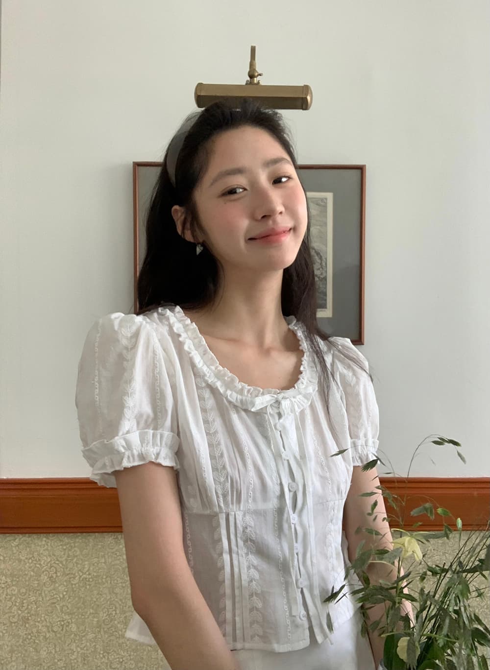 실사 한 부서 달콤함 신선함 레이스 자카드 면 소재 명중 기사 공예 버블 반팔 셔츠 상세 이미지 5