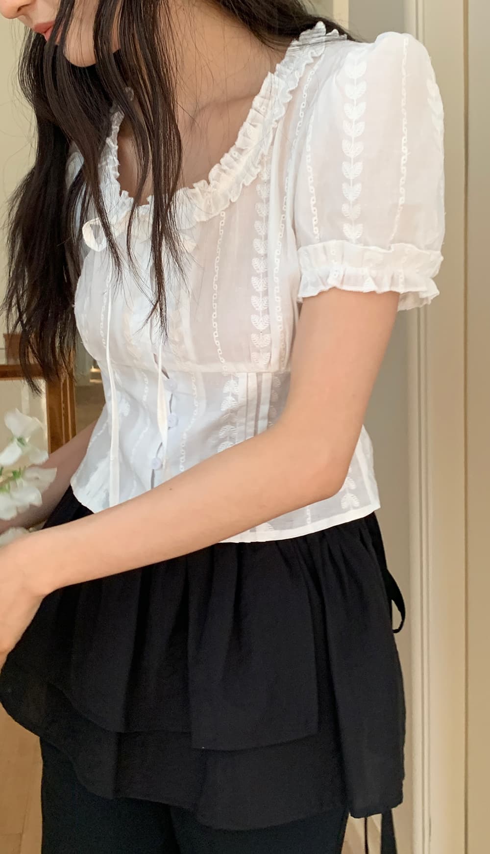 실사 한 부서 달콤함 신선함 레이스 자카드 면 소재 명중 기사 공예 버블 반팔 셔츠 상세 이미지 22