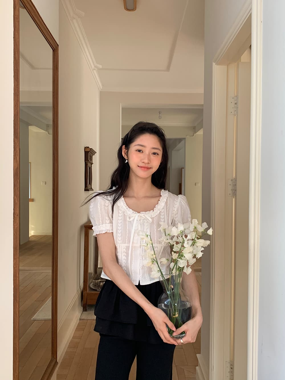 실사 한 부서 달콤함 신선함 레이스 자카드 면 소재 명중 기사 공예 버블 반팔 셔츠 상세 이미지 25