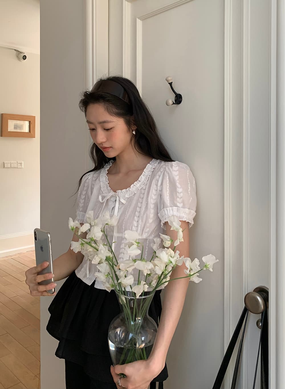 실사 한 부서 달콤함 신선함 레이스 자카드 면 소재 명중 기사 공예 버블 반팔 셔츠 상세 이미지 28