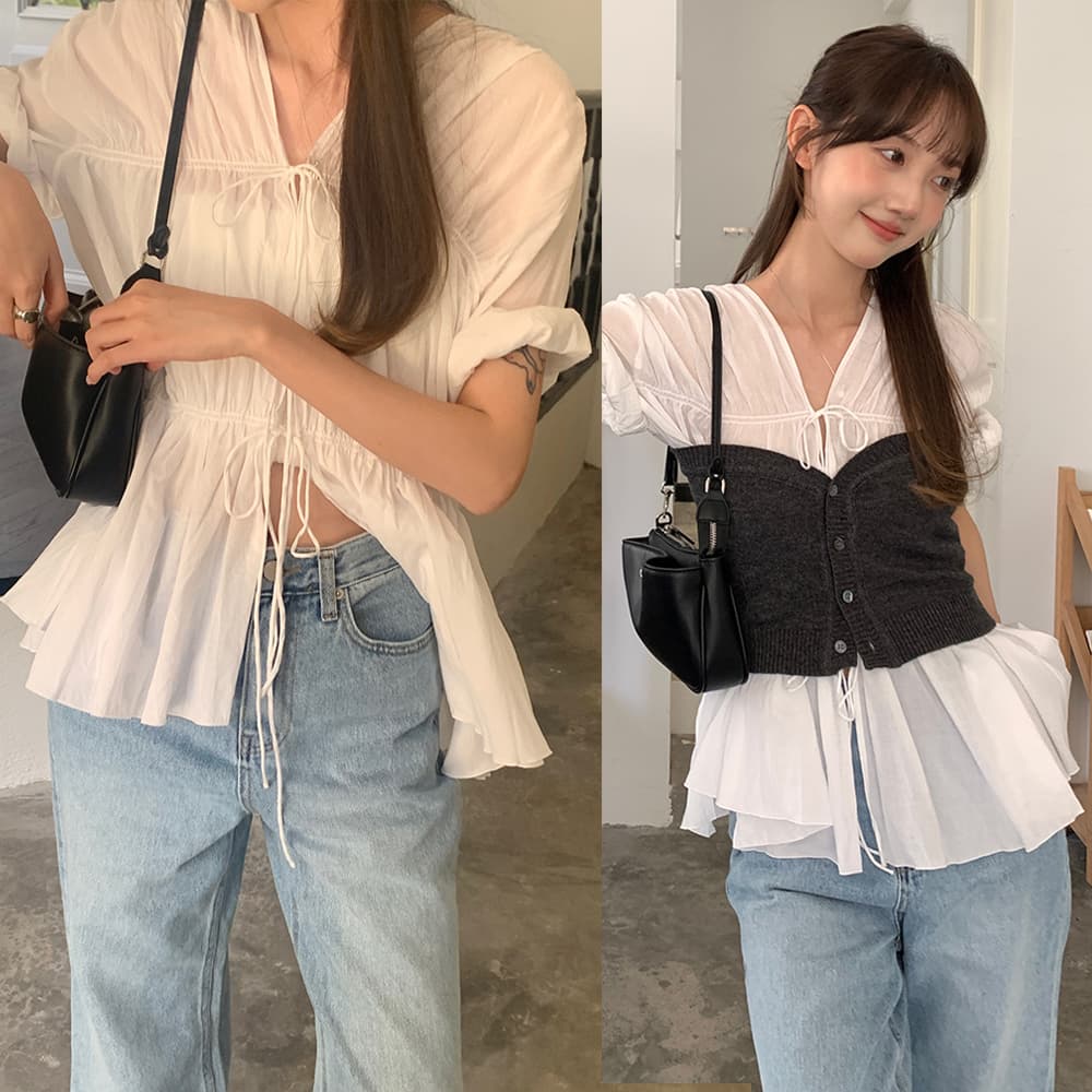실사 정가 한 부서 다용도 chic 디자인 센스 V넥 레이스업 반팔 순면 마이크로 ~을 통해 의류 셔츠 이미지 5