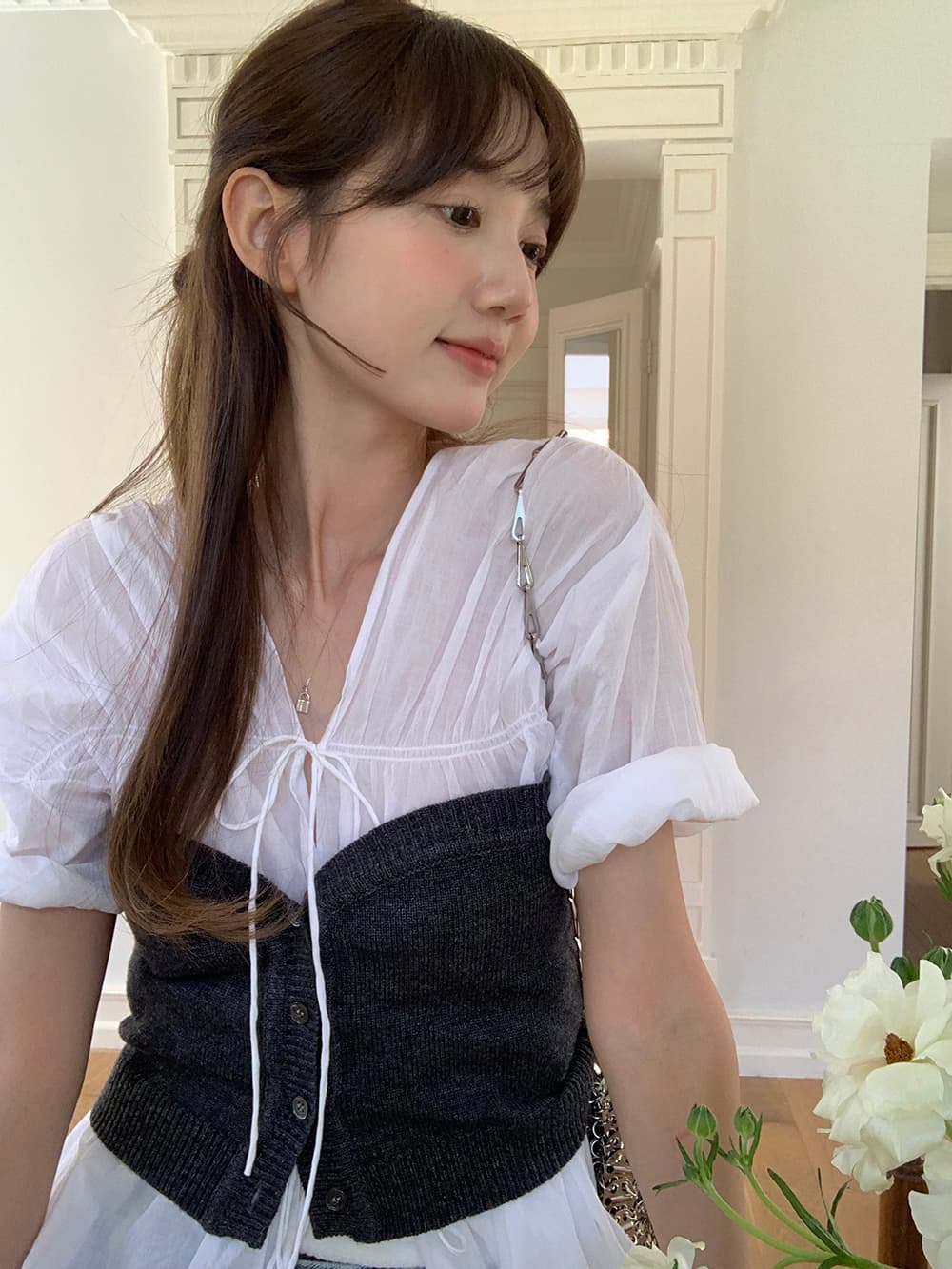 실사 정가 한 부서 다용도 chic 디자인 센스 V넥 레이스업 반팔 순면 마이크로 ~을 통해 의류 셔츠 상세 이미지 1