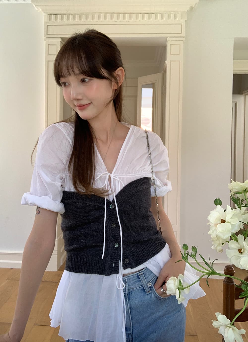 실사 정가 한 부서 다용도 chic 디자인 센스 V넥 레이스업 반팔 순면 마이크로 ~을 통해 의류 셔츠 상세 이미지 3