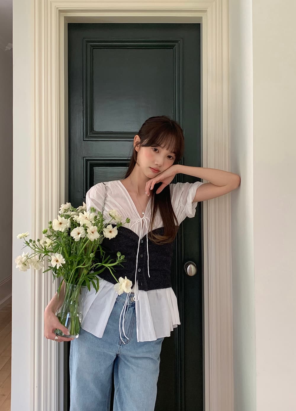 실사 정가 한 부서 다용도 chic 디자인 센스 V넥 레이스업 반팔 순면 마이크로 ~을 통해 의류 셔츠 상세 이미지 15