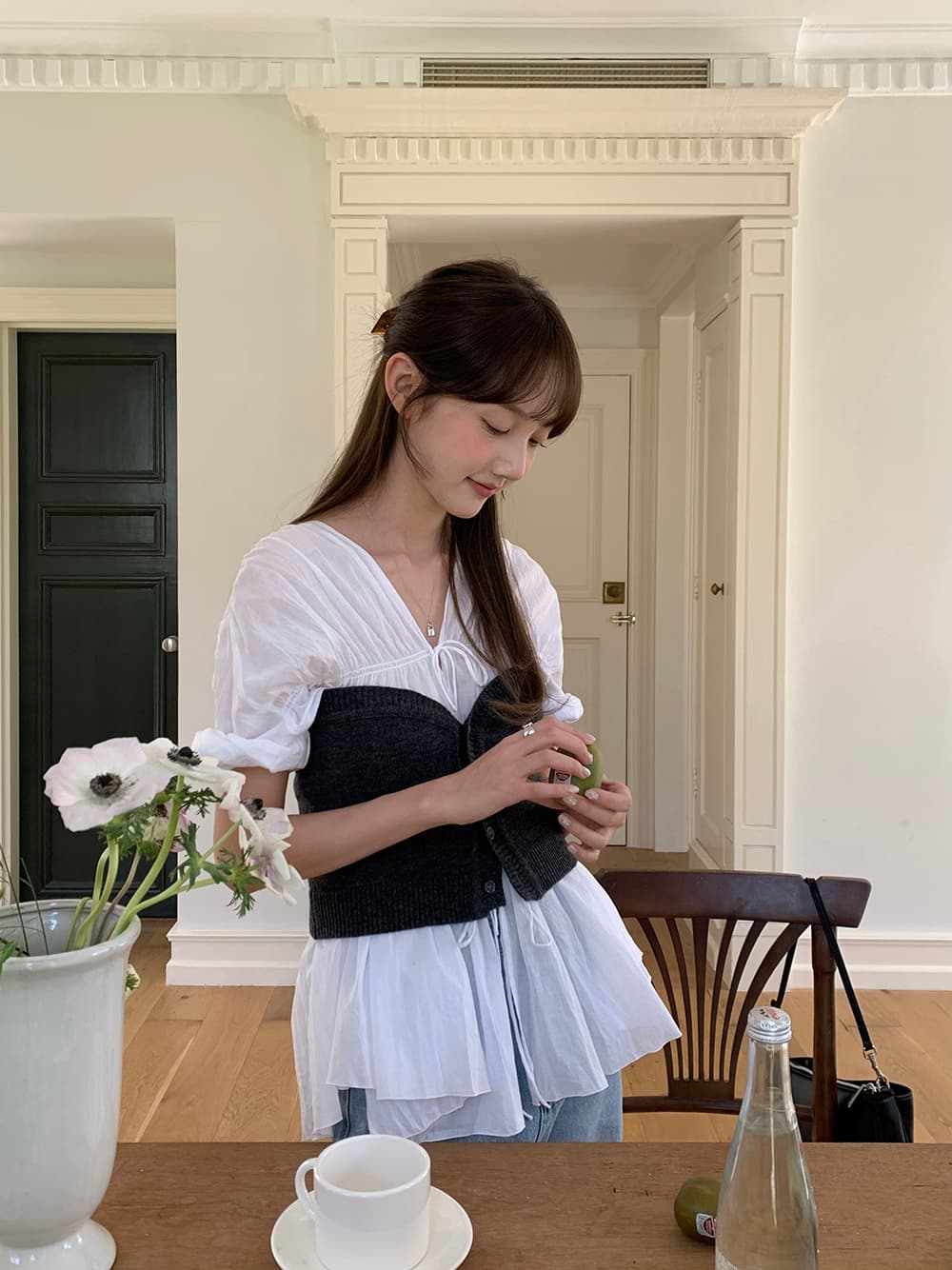 실사 정가 한 부서 다용도 chic 디자인 센스 V넥 레이스업 반팔 순면 마이크로 ~을 통해 의류 셔츠 상세 이미지 20
