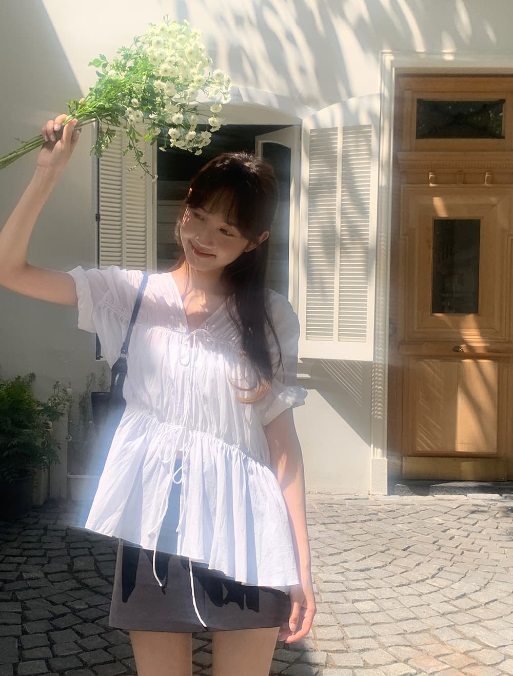 실사 정가 한 부서 다용도 chic 디자인 센스 V넥 레이스업 반팔 순면 마이크로 ~을 통해 의류 셔츠 상세 이미지 33