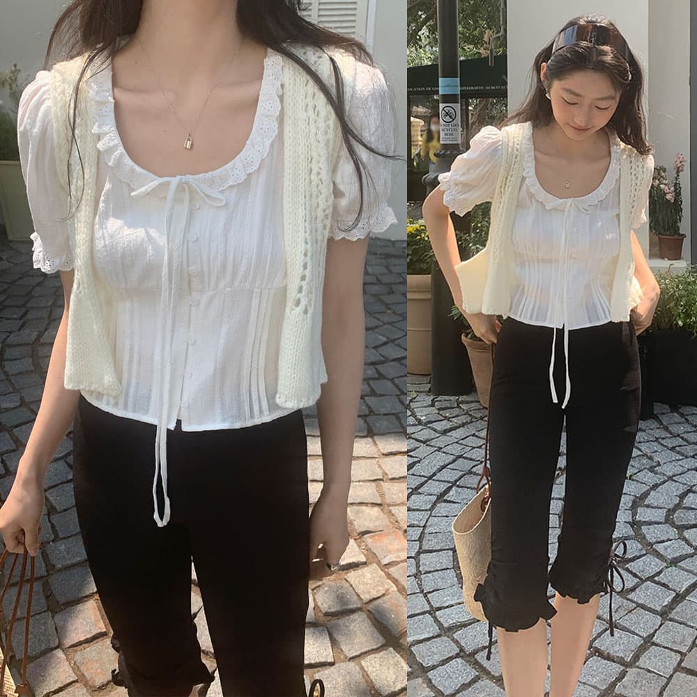 실사 한 부서 달콤함 레이스 레이스 u 칼라 패치워크 자카드 면 소재 명중 기사 공예 버블 반팔 셔츠 이미지 4