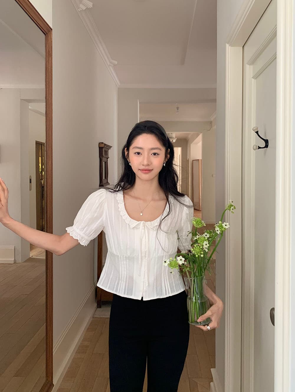 실사 한 부서 달콤함 레이스 레이스 u 칼라 패치워크 자카드 면 소재 명중 기사 공예 버블 반팔 셔츠 상세 이미지 12