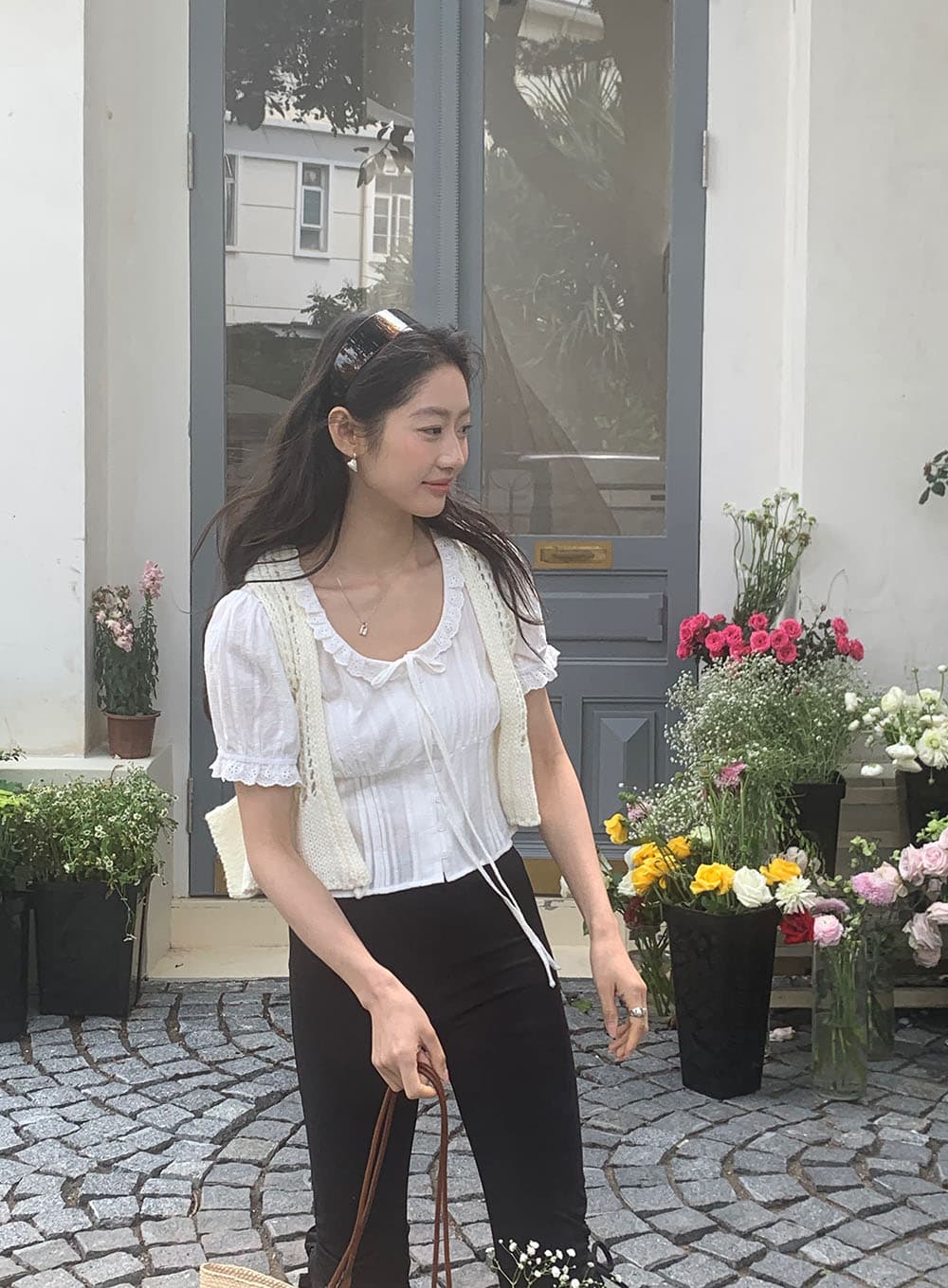 실사 한 부서 달콤함 레이스 레이스 u 칼라 패치워크 자카드 면 소재 명중 기사 공예 버블 반팔 셔츠 상세 이미지 20