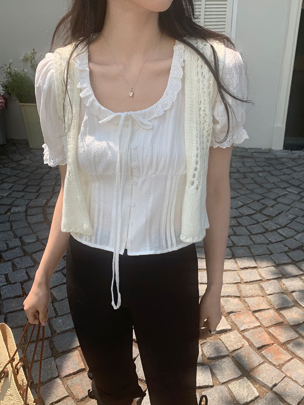 실사 한 부서 달콤함 레이스 레이스 u 칼라 패치워크 자카드 면 소재 명중 기사 공예 버블 반팔 셔츠 상세 이미지 37