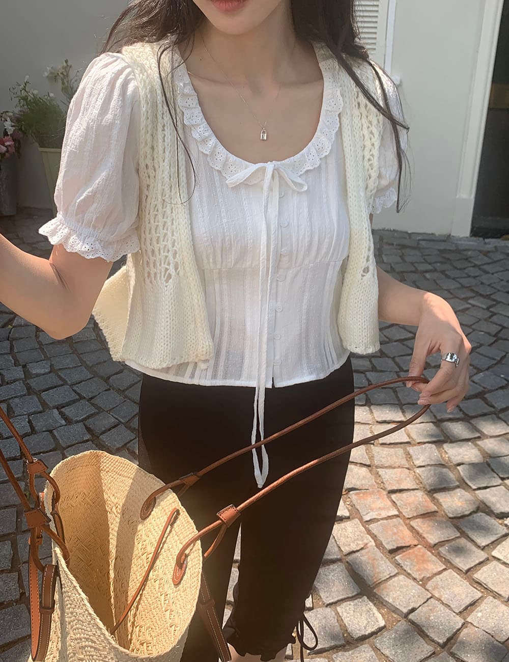 실사 한 부서 달콤함 레이스 레이스 u 칼라 패치워크 자카드 면 소재 명중 기사 공예 버블 반팔 셔츠 상세 이미지 39