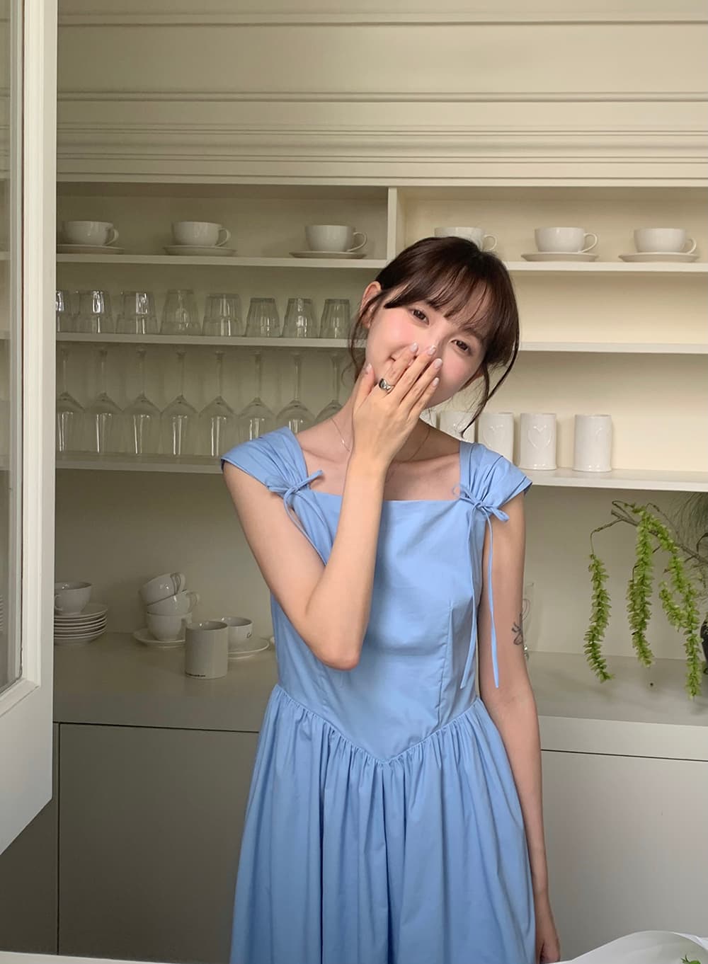 실사 정가 한 부서 소녀 연령 감소 레트로 나비 매듭 어깨 벨트 측면 칼라 하이웨이스트 한 마디 드레스 상세 이미지 16