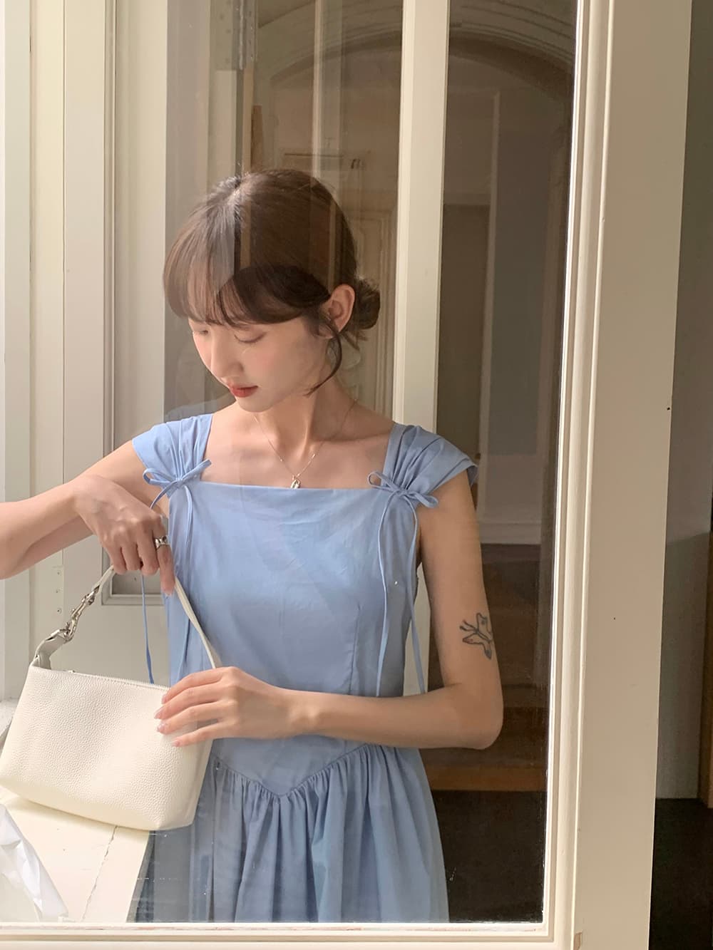 실사 정가 한 부서 소녀 연령 감소 레트로 나비 매듭 어깨 벨트 측면 칼라 하이웨이스트 한 마디 드레스 상세 이미지 17