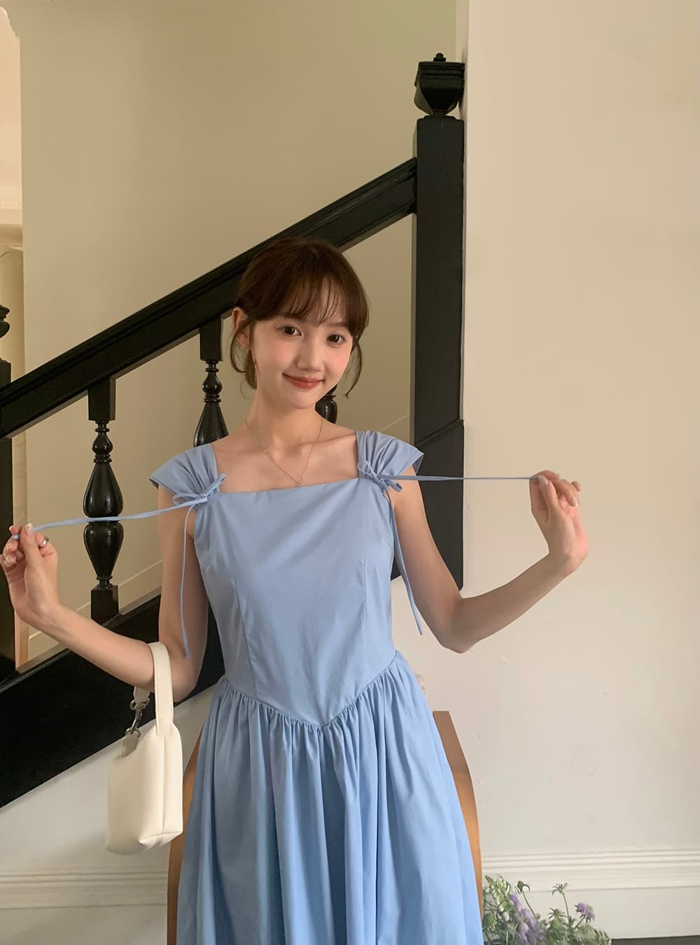 실사 정가 한 부서 소녀 연령 감소 레트로 나비 매듭 어깨 벨트 측면 칼라 하이웨이스트 한 마디 드레스 상세 이미지 39