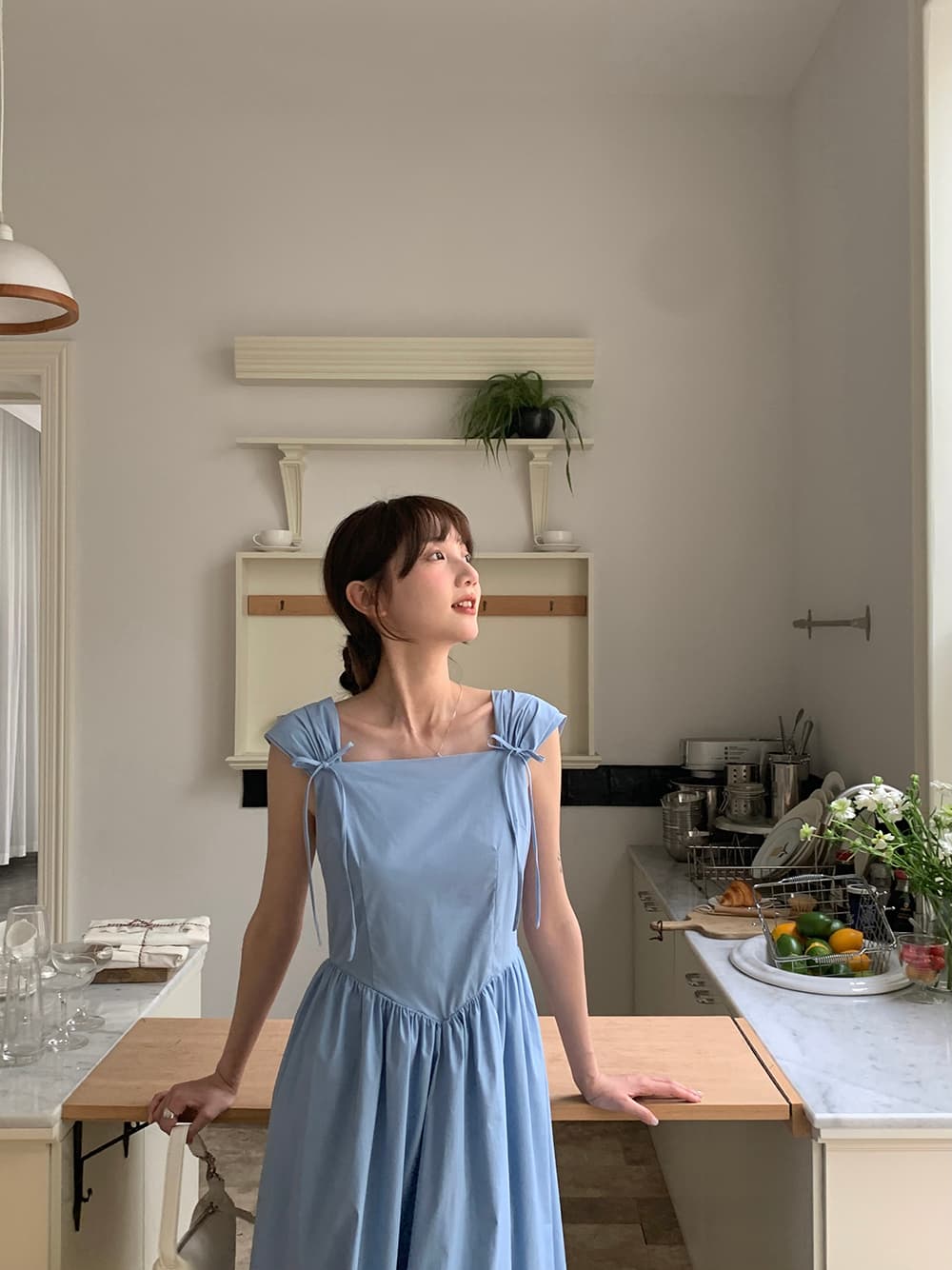 실사 정가 한 부서 소녀 연령 감소 레트로 나비 매듭 어깨 벨트 측면 칼라 하이웨이스트 한 마디 드레스 상세 이미지 42