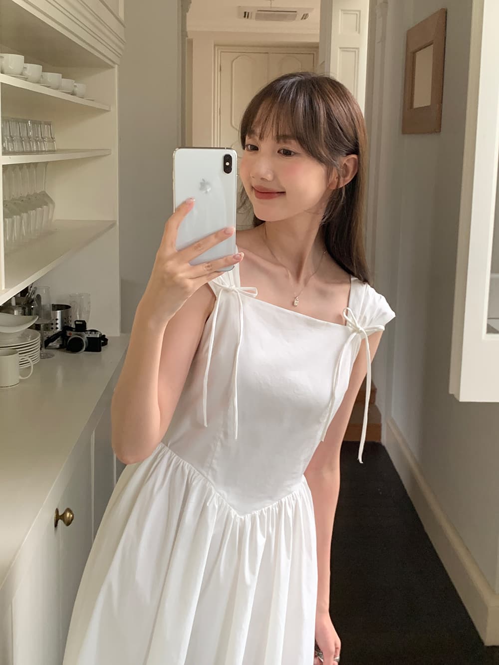 실사 정가 한 부서 소녀 연령 감소 레트로 나비 매듭 어깨 벨트 측면 칼라 하이웨이스트 한 마디 드레스 상세 이미지 51